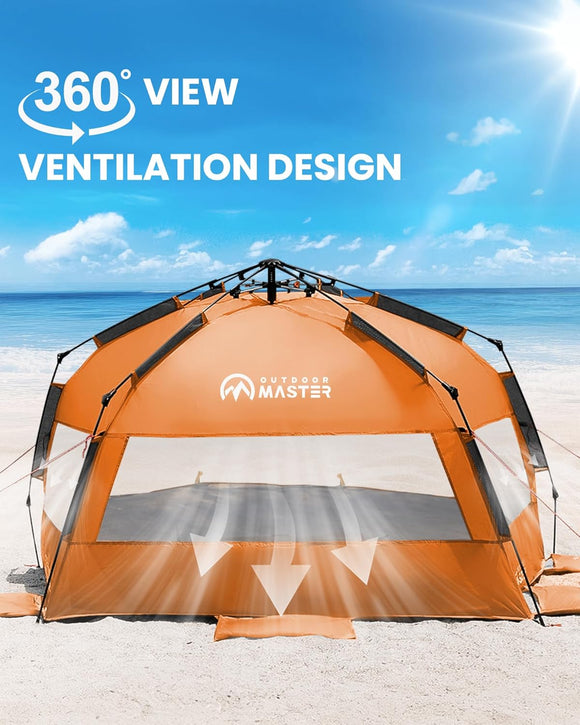 OutdoorMaster Pop Up 3-4 Person Beach Tent X-Large - Easy Setup, Portable Beach Shade Canopy Folding Sun Shelter with UPF 50+ UV Protection Removable Skylight Family Size (Orange)