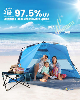OutdoorMaster Pop Up 3-4 Person Beach Tent X-Large - Easy Setup, Portable Beach Shade Canopy Folding Sun Shelter with UPF 50+ UV Protection Removable Skylight Family Size (Blue) - 0