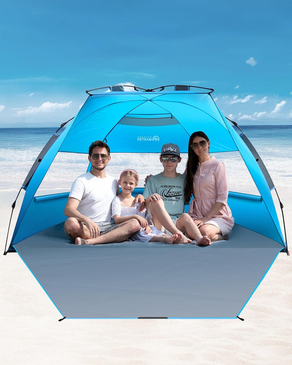 OutdoorMaster Pop Up 3-4 Person Beach Tent X-Large - Easy Setup, Portable Beach Shade Canopy Folding Sun Shelter with UPF 50+ UV Protection Removable Skylight Family Size (Blue)