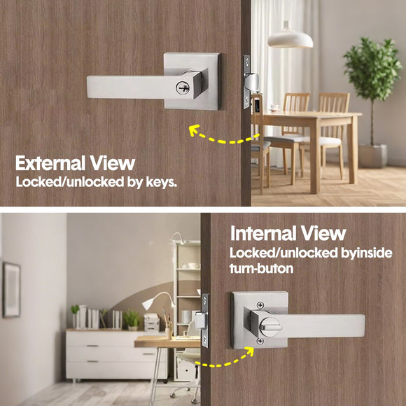 Privacy Door Lever Handle with Key, Heavy Duty Interior Door Lock, Adjustable Latch-Silver