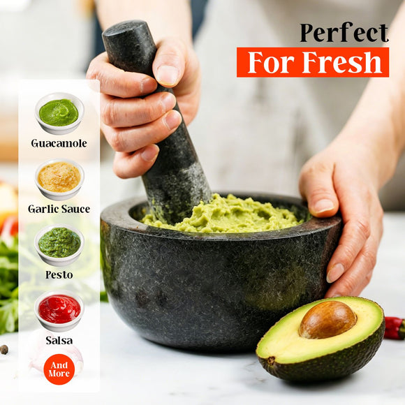 Granite Mortar and Pestle Set, 450ml Heavy Duty Stone Grinder Bowl with 17.5cm Pestle, Black, Manual Spice Grinder for Guacamole, Salsa, Pesto, Herbs, Spices, Nuts & Seeds