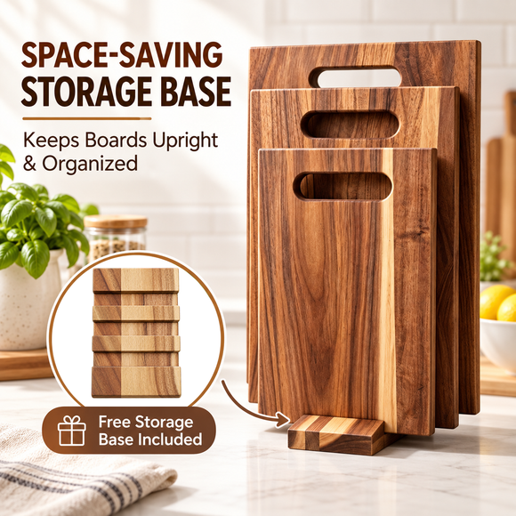 3Pcs Wooden Cutting Board Set with Storage Stand, Chopping Boards for Kitchen Food Preparation