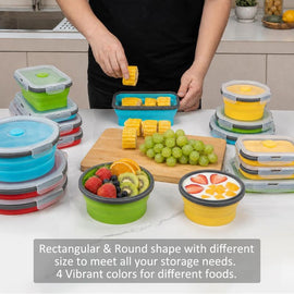 Collapsible Food Storage Bowls with Vented Lids, 8 Pieces Set | 4 Rectangular & 4 Round Silicone Containers, Reusable Lunch Boxes, Microwave Fridge Dishwasher Friendly, 4 Assorted Colors - 0