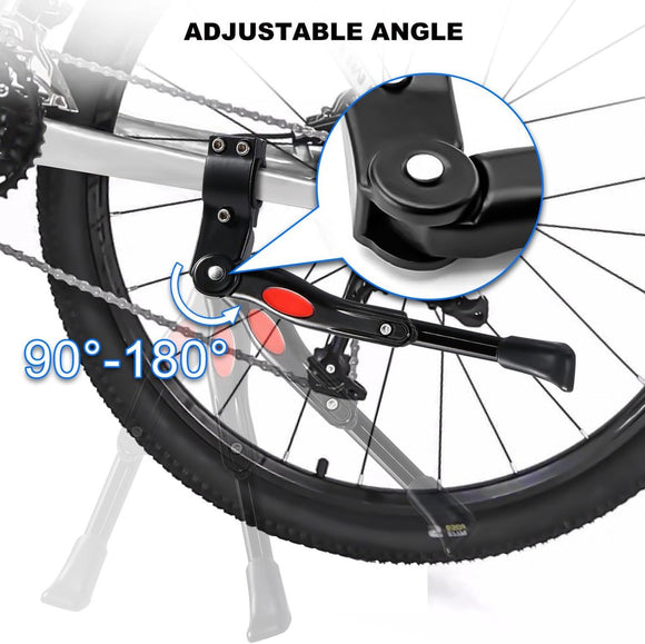 Single Adjustable Bicycle Kickstand - Suitable for 22'' to 17'' - Single Bicycle Stand - Side Stand - Aluminum Stainless Steel - Sturdy Wide Base - Easy to Install - Universal - Black - Bicycle, E-Bike, City Bike & Mountain Bike - With Hex Wrench