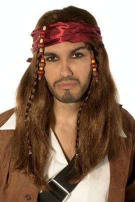 Caribbean Pirate Mens Long Brown Wig and Head Scarf