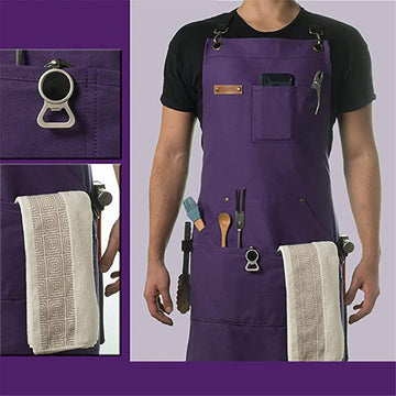 Chef and BBQ Apron - Canvas, Stainless Steel Hardware - Cross Back Straps（Purple, with only one apron） - 0