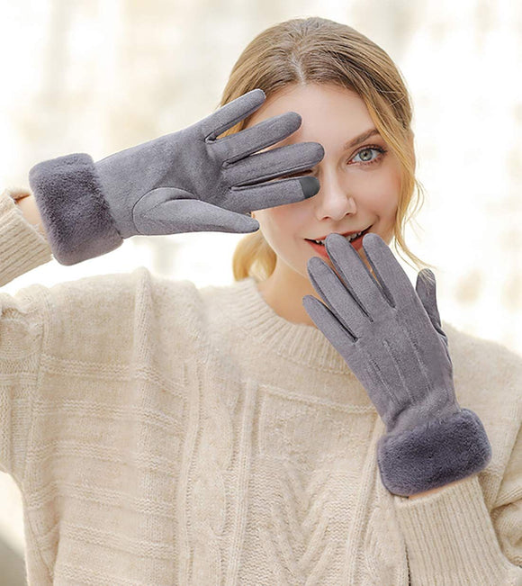 Women Winter Warm Touch Screen Soft Windproof Lined Thick Gloves for Snow Skiing in Clod Weather grey
