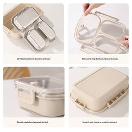 Stainless Steel Lunch Box, 3 Compartments Metal Bento Box for Kids Adults, Leak-Proof Lunch Box for School Office, Dishwasher Safe, BPA-Free - 0