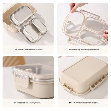 Stainless Steel Lunch Box, 3 Compartments Metal Bento Box for Kids Adults, Leak-Proof Lunch Box for School Office, Dishwasher Safe, BPA-Free - 0