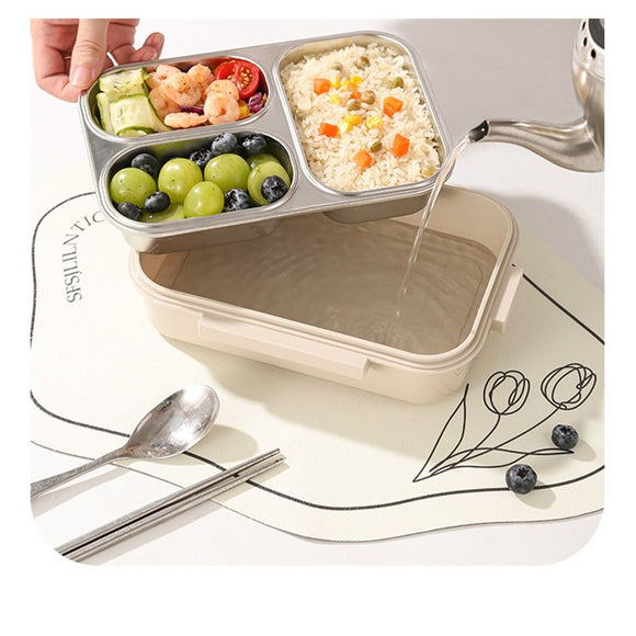 Stainless Steel Lunch Box, 3 Compartments Metal Bento Box for Kids Adults, Leak-Proof Lunch Box for School Office, Dishwasher Safe, BPA-Free
