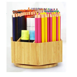 walowalo Bamboo Rotating Art Supply Organizer Holds  Pencils Spinning Crayon Marker Organzier Holder Christmas Gift Desk Brush Storage for Office Classroom Organization Stationary - 0