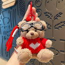 Plush Bear Bag Charm In Red Outfit With White Heart, Soft Stuffed Doll Keychain, Lovely Ornament for Christmas & Halloween Gifting-1