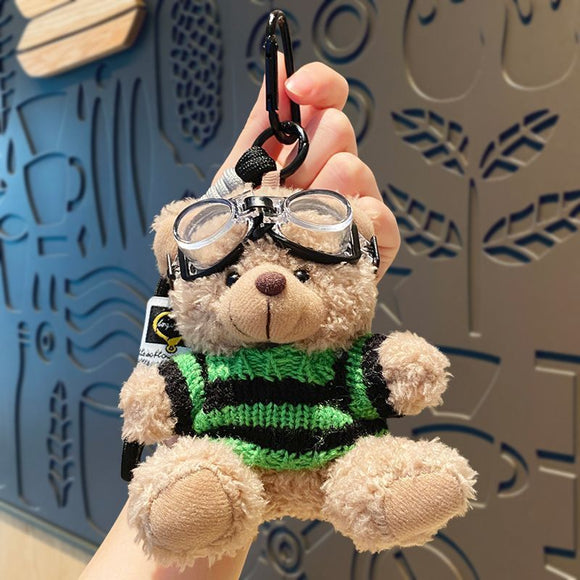 Black‑Green Outfit Plush Bear Keychain, Cute Stuffed Bag Pendant, Decorative Accessory for Christmas & Halloween Small Gift Collection