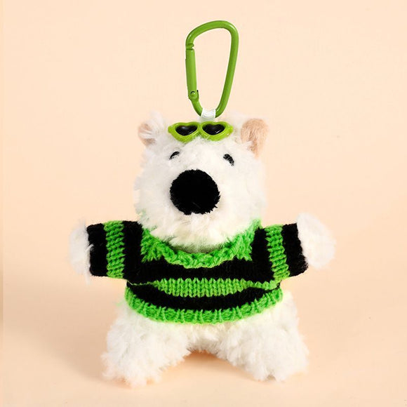 West Highland Dog Plush Keychain With Black‑Green Striped Design, Cute Cartoon Bag Charm, Lovely Holiday Trinket for Christmas & Halloween