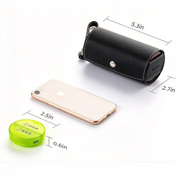 All Black Round Portable PU Leather Pill Organizer Large Capacity Medicine Box, Compact Weekly Pill Case Halloween Holiday Present