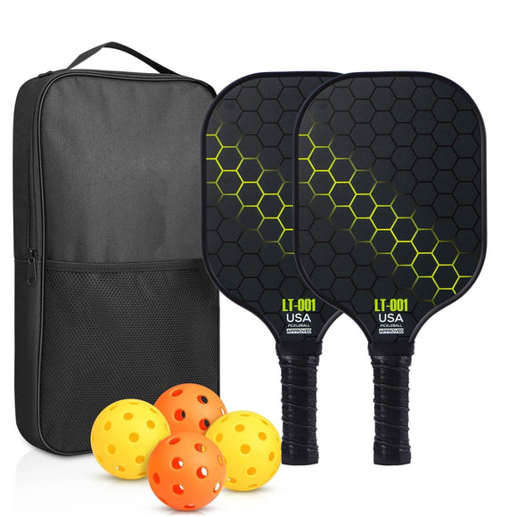 Yellow Pickleball Set With 2 Paddles-4 Balls And Black Carrying Bag