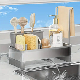 No Drill 360° Rotating Drain Sponge Holder with Tray Kitchen Sink Organizer(GREY)