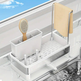 No Drill 360° Rotating Drain Sponge Holder with Tray Kitchen Sink Organizer(GREY) - 0