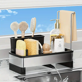 No Drill 360° Rotating Drain Sponge Holder with Tray Kitchen Sink Organizer AU(BLACK)
