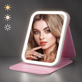 LED Makeup Mirror with Lights, 3 Color Modes Touch Control, Rechargeable Travel Vanity Mirror(pink)