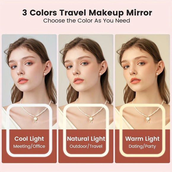 LED Makeup Mirror with Lights, 3 Color Modes Touch Control, Rechargeable Travel Vanity Mirror(pink)