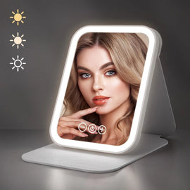LED Makeup Mirror with Lights, 3 Color Modes Touch Control, Rechargeable Travel Vanity Mirror(WHITE)