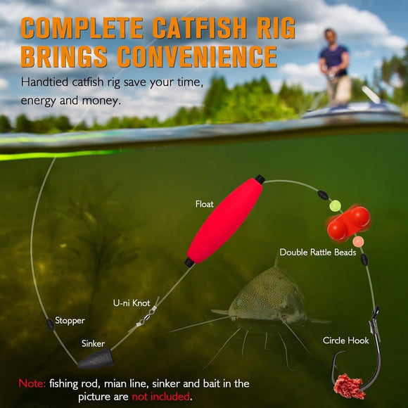 Pre-Tied Catfish Rig System, 23 Inch 55LB Santee Cooper Catfish Float Rig with Adjustable EVA Slip Float and High Carbon Circle Hooks 5/0 6/0 8/0, Ready-to-Fish for River and Bank Fishing( Cigar Float-5/0Hook * 3PCS)