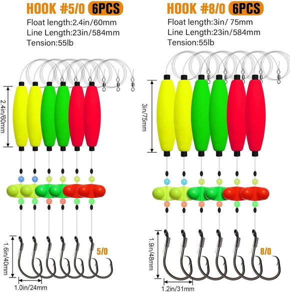 Pre-Tied Catfish Rig System, 23 Inch 55LB Santee Cooper Catfish Float Rig with Adjustable EVA Slip Float and High Carbon Circle Hooks 5/0 6/0 8/0, Ready-to-Fish for River and Bank Fishing(Cigar Float-8/0Hook * 6PCS)