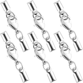 6pcs Cord End Caps with Lobster Clasp, 4mm Leather Cord Ends Jewelry Clasps, Brass Barrel Terminators Leather Jewelry Connector for DIY Necklaces Bracelets Keychains- Silver