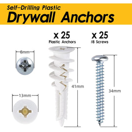 #8 Self Drilling Plastic Drywall Anchors and Screws Kit for Drywall, 25 pcs Wall Anchors & 25 pcs Drywall Screws, No Pre Drill Hole Preparation Required, 75LBS to Hang and Mount Heavy Items - 0