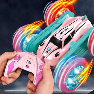 2.4 GHZ Remote Control Stunt Car 4WD Double Sided Rotating Crawler with Headlights Pink - 0