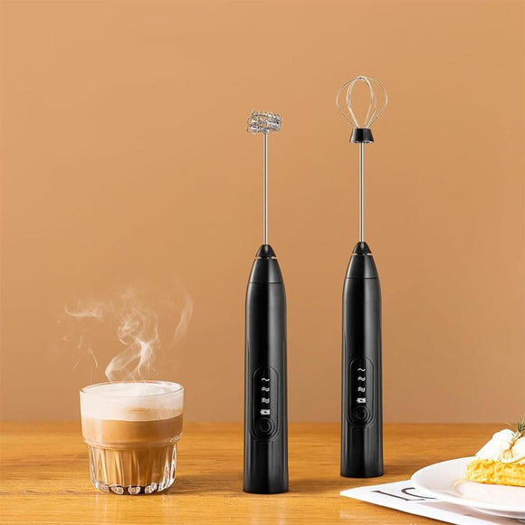 Handheld Milk Frother USB Rechargeable 3 Speeds Electric Foam Wand with 2 Whisks - Black