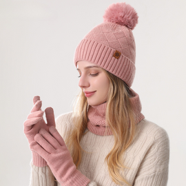 Women's Fashionable Winter 3-Piece Set: Knit Hat, Scarf, and Gloves.  A must-have for outdoor skiing and cycling - Pink