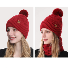 Women's Fashionable Winter 3-Piece Set: Knit Hat, Scarf, and Gloves.  A must-have for outdoor skiing and cycling - Red - 0