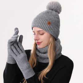 Women's Fashionable Winter 3-Piece Set: Knit Hat, Scarf, and Gloves.  A must-have for outdoor skiing and cycling—Gray
