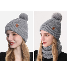 Women's Fashionable Winter 3-Piece Set: Knit Hat, Scarf, and Gloves.  A must-have for outdoor skiing and cycling—Gray - 0