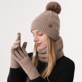 Women's Fashionable Winter 3-Piece Set: Knit Hat, Scarf, and Gloves.  A must-have for outdoor skiing and cycling - Khaki