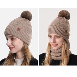 Women's Fashionable Winter 3-Piece Set: Knit Hat, Scarf, and Gloves.  A must-have for outdoor skiing and cycling - Khaki - 0