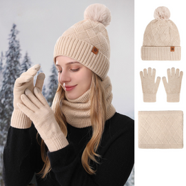 Women's Fashionable Winter 3-Piece Set: Knit Hat, Scarf, and Gloves.  A must-have for outdoor skiing and cycling—Beige
