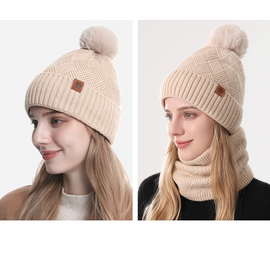 Women's Fashionable Winter 3-Piece Set: Knit Hat, Scarf, and Gloves.  A must-have for outdoor skiing and cycling—Beige - 0