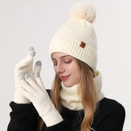 Women's Fashionable Winter 3-Piece Set: Knit Hat, Scarf, and Gloves.  A must-have for outdoor skiing and cycling - Off-White