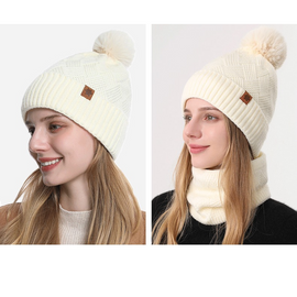 Women's Fashionable Winter 3-Piece Set: Knit Hat, Scarf, and Gloves.  A must-have for outdoor skiing and cycling - Off-White - 0