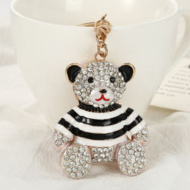 Black - Rhinestone Striped Bear Keychain, Cute Enamel Cartoon Bear Bag Charm Pendant, Alloy Bling Key Ring Accessories for Gifts & Bag Decoration
