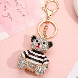 Black - Rhinestone Striped Bear Keychain, Cute Enamel Cartoon Bear Bag Charm Pendant, Alloy Bling Key Ring Accessories for Gifts & Bag Decoration - 0