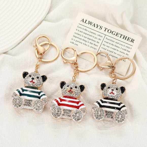 Black - Rhinestone Striped Bear Keychain, Cute Enamel Cartoon Bear Bag Charm Pendant, Alloy Bling Key Ring Accessories for Gifts & Bag Decoration