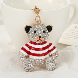 Red - Rhinestone Striped Bear Keychain, Cute Enamel Cartoon Bear Bag Charm Pendant, Alloy Bling Key Ring Accessories for Gifts & Bag Decoration