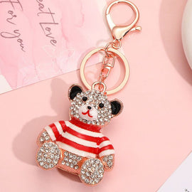 Red - Rhinestone Striped Bear Keychain, Cute Enamel Cartoon Bear Bag Charm Pendant, Alloy Bling Key Ring Accessories for Gifts & Bag Decoration - 0