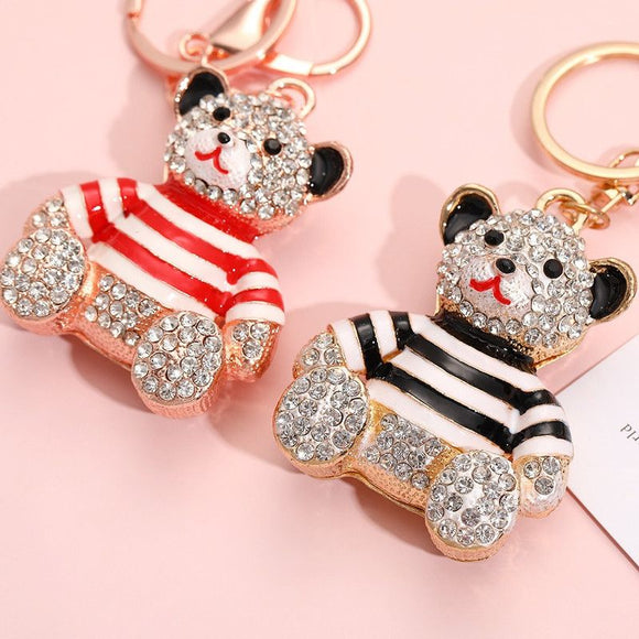 Red - Rhinestone Striped Bear Keychain, Cute Enamel Cartoon Bear Bag Charm Pendant, Alloy Bling Key Ring Accessories for Gifts & Bag Decoration