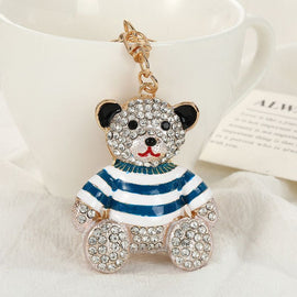 Blue - Rhinestone Striped Bear Keychain, Cute Enamel Cartoon Bear Bag Charm Pendant, Alloy Bling Key Ring Accessories for Gifts & Bag Decoration