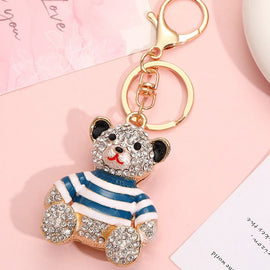 Blue - Rhinestone Striped Bear Keychain, Cute Enamel Cartoon Bear Bag Charm Pendant, Alloy Bling Key Ring Accessories for Gifts & Bag Decoration - 0